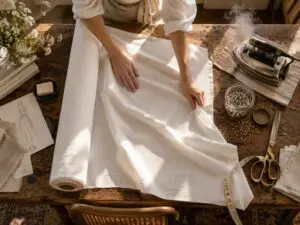 A lady stretches plain white cotton on a desk ready to cut